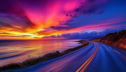 Fototapeta premium stunning sunset over a coastal highway, showcasing a colorful sky and shimmering sea, with a beautiful road that hugs the shoreline