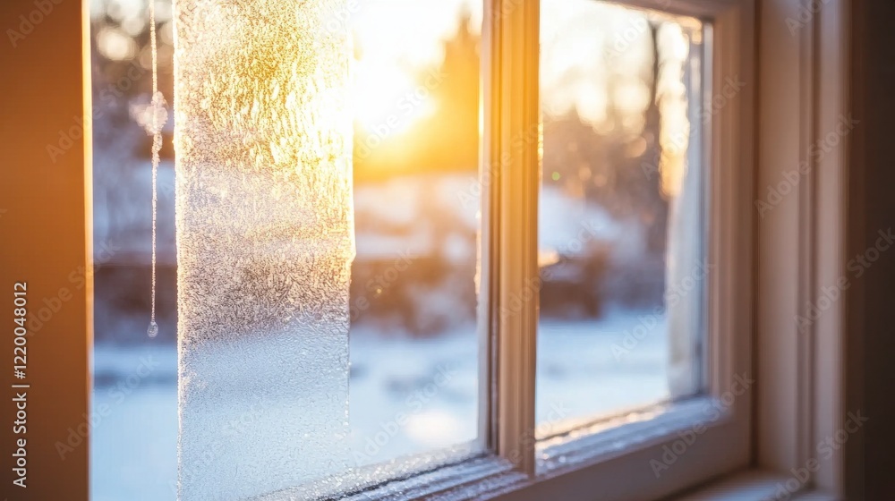 Poster Frosty Window with Delicate Patterns in Daylight