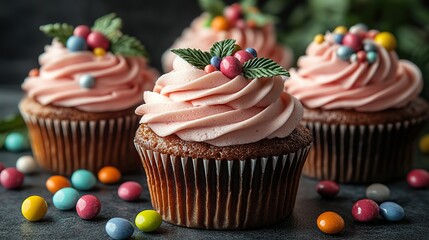 Colorful cupcakes with cannabis leaves, vibrant frosting, and candy decor. Celebration food, party theme, trendy dessert design.