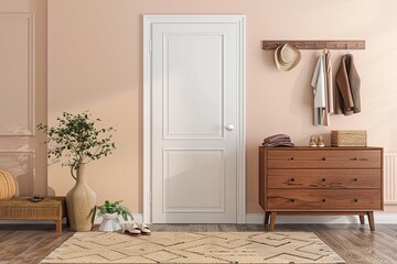 A calming entryway with a blush pink wall, wooden dresser, and neutral rug.  Perfect for a minimalist home.