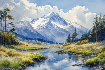 Snow-Capped Mountain Landscape Watercolor Painting Nature Outdoor Scenery with River and Lush Greenery