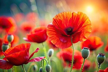 Obraz premium Close Up Poppies, Red Poppy Flower Macro Photography, Vivid Poppy Bloom, Field of Poppies Image, Spring Flowers, Wild Poppy Detail