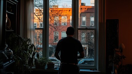 Man silhouetted against a sunlit city window. Perfect for themes of isolation, contemplation, or urban life.