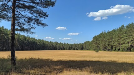 Obraz premium Sunny field, pine forest, summer, landscape, nature, tranquility, rural