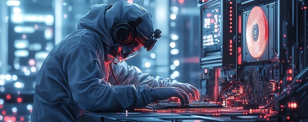 Cybersecurity research in futuristic lab digital environment focused view