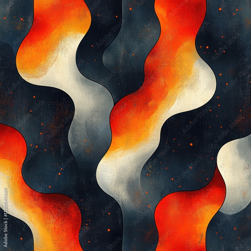 Poster bold geometric abstract pattern design in retro style with red and orange on navy background
