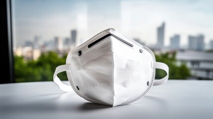Protective N95 Mask on a Table with Urban Background