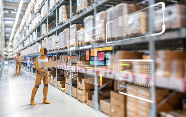 Obraz premium Automation warehouse with assistant robot work in warehouse