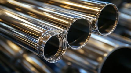 Naklejka premium Close-up of shiny metal pipes showcasing their cylindrical structure and reflective surfaces.