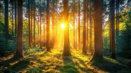 Fototapeta premium Golden Hour Light Through Trees in Serene Forest