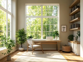 Fototapeta premium Home office inspiration modern workspace indoor plants sunny atmosphere