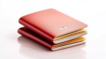Red leather wallets stacked on white background. Generative AI