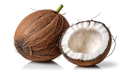 Fresh Whole and Halved Coconut Isolated on White