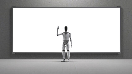 Obraz premium Humanoid robot or ai cyborg with blank white led advertising board