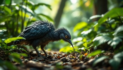 Obraz premium Close-up of a small black bird foraging in a lush forest.