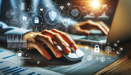 Business background A focused shot of a hand using a computer mouse with digital elements like binary code, security ico1