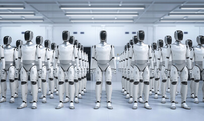 Humanoid robot assembly or group of cyborgs in factory © phonlamaiphoto