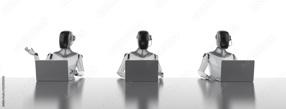 Poster group of humanoid robots with laptop computers isolated on white