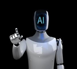 Humanoid robot with black face isolated on black