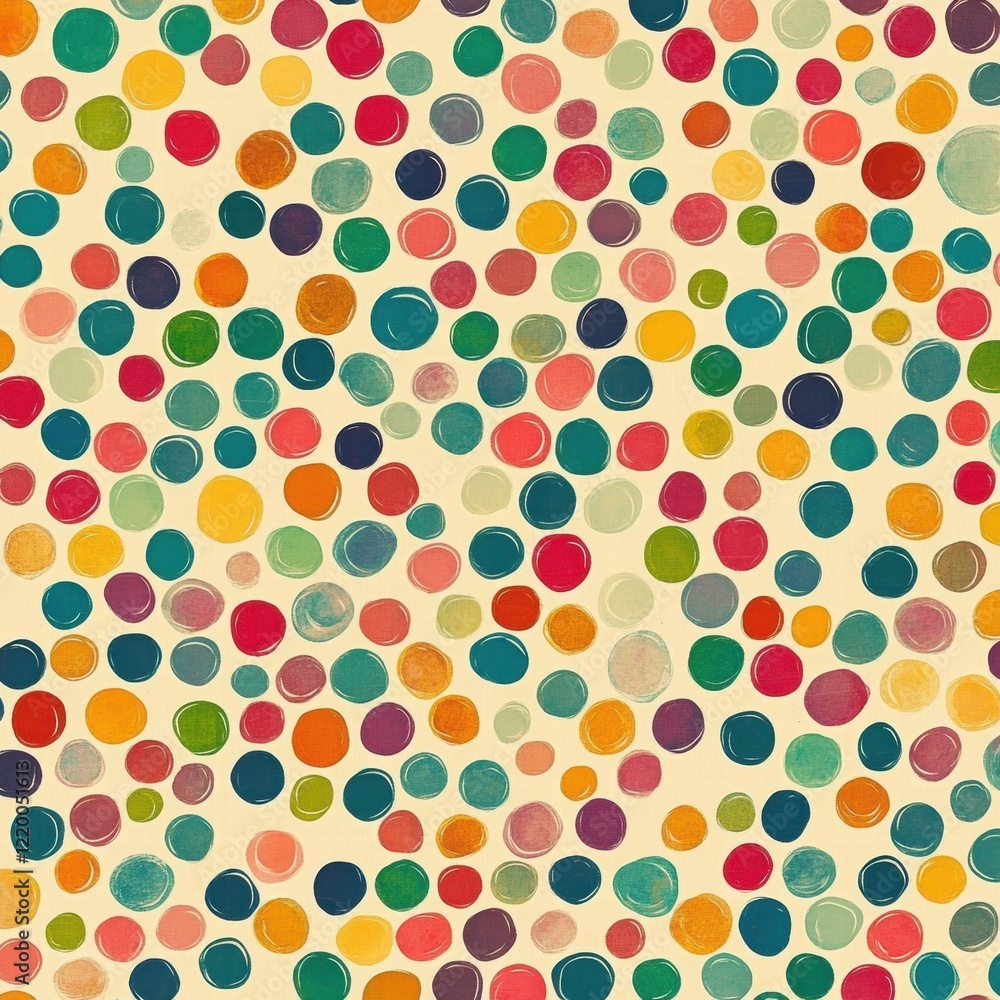 Poster vibrant multicolor abstract circular pattern with playful dot and spot design in retro vintage inspi