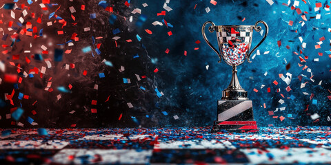 shiny trophy stands proudly amidst vibrant explosion of red, white, and blue confetti, celebrating victory in racing event. atmosphere is filled with excitement and triumph