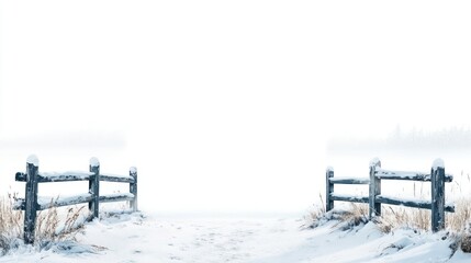 A serene winter landscape featuring a snow-covered wooden fence and a foggy background.