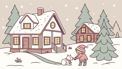 Cozy winter village in vector style featuring cartoon houses, snow-covered roofs, children playing, building a snowman, and twinkling lights on trees with a cheerful and festive holiday vibe