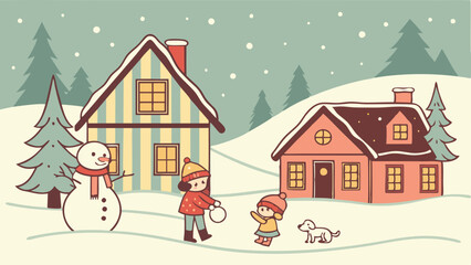 Cozy winter village in vector style featuring cartoon houses, snow-covered roofs, children playing, building a snowman, and twinkling lights on trees with a cheerful and festive holiday vibe