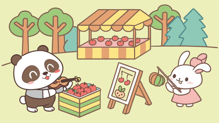 Vibrant cartoon marketplace vector scene with animals like pandas selling fruits, cats playing music, and bunnies painting art under colorful tents in a cheerful and lively environment