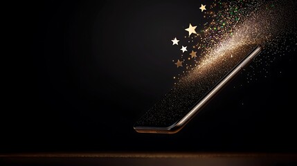 Golden stars emanating from phone, dark background, festive app