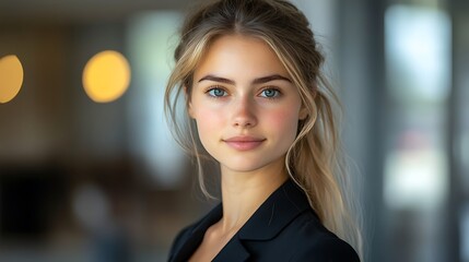 Obraz premium Young professional portrait in modern office focused expression natural light