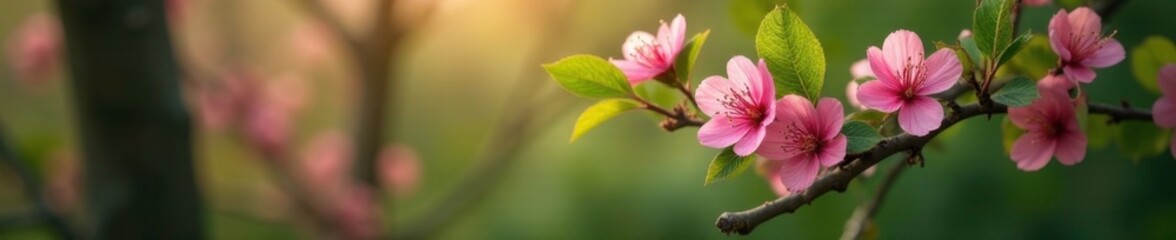 Obraz premium Pink and green hawthorn blossoms on a tree trunk, pink, hawthorn, green