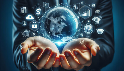 Business background A close-up of hands interacting with a digital globe, with financial icons like currencies, bank, cl4