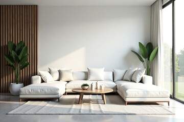 Living area with white sofa and minimalist decor, contemporary, chic