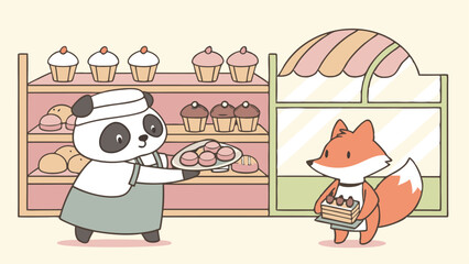 Delightful bakery vector art featuring cute animal bakers like a panda making bread, a fox decorating cupcakes, and shelves filled with colorful pastries in a cheerful and cozy bakery setting