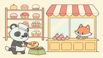 Delightful bakery vector art featuring cute animal bakers like a panda making bread, a fox decorating cupcakes, and shelves filled with colorful pastries in a cheerful and cozy bakery setting