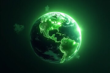Fototapeta premium A glowing green representation of Earth, showcasing vibrant continents and swirling clouds against a dark backdrop.