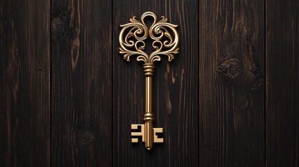 Elegant vintage golden key on dark wooden background