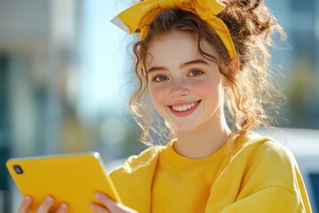 Tech-Savvy Commuter: Smiling Woman Using Tablet Next to Yellow Taxi