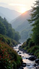 Obraz premium Misty morning in Blaennau Ffestiniog with a subtle rainbow glow, peaceful, misty morning, fog