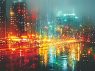 Fototapeta premium Modern art vibrant night cityscape with reflective water and lights