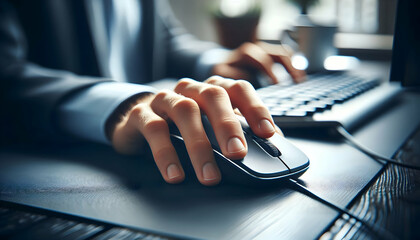 Fototapeta premium Business background A close-up of a hand grasping a computer mouse on a polished desk surface, with a keyboard in the ba2