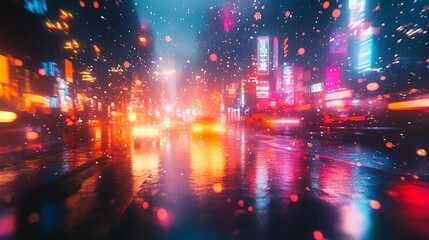 Fototapeta premium Vibrant city night scene with rain and lights urban environment photography