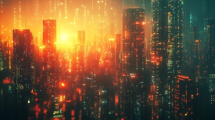 Obraz premium Sunset over neon cityscape urban landscape digital art futuristic view