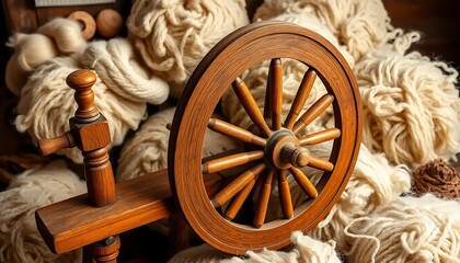 Wooden spinning wheel with creamy yarn balls