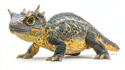 Obraz premium Yellow, black lizard with horns walks on plain white background for reptile studies