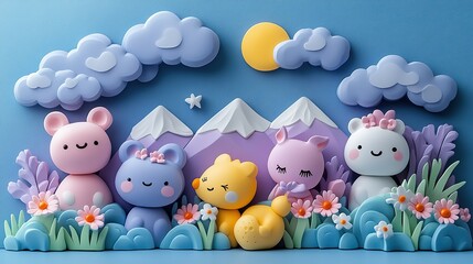 Cute pastel purple kawaii background with a frame made of cute air plasticine cartoon animals, a playful and charming design.