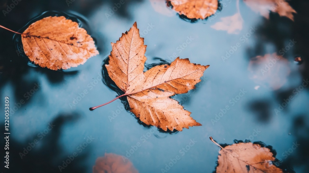 Poster leaves floating in clear stream with soft natural light