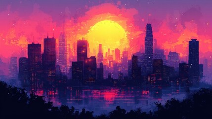 Fototapeta premium Cartoon Futuristic Cityscape with Vibrant Neon Lights and High Contrast Illustration