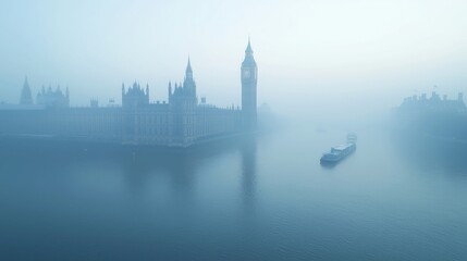 Obraz premium Big Ben and Houses of Parliament, iconic London skyline, boats gliding along the River Thames, vibrant urban scene, rich history and architecture, tranquil waterscape.